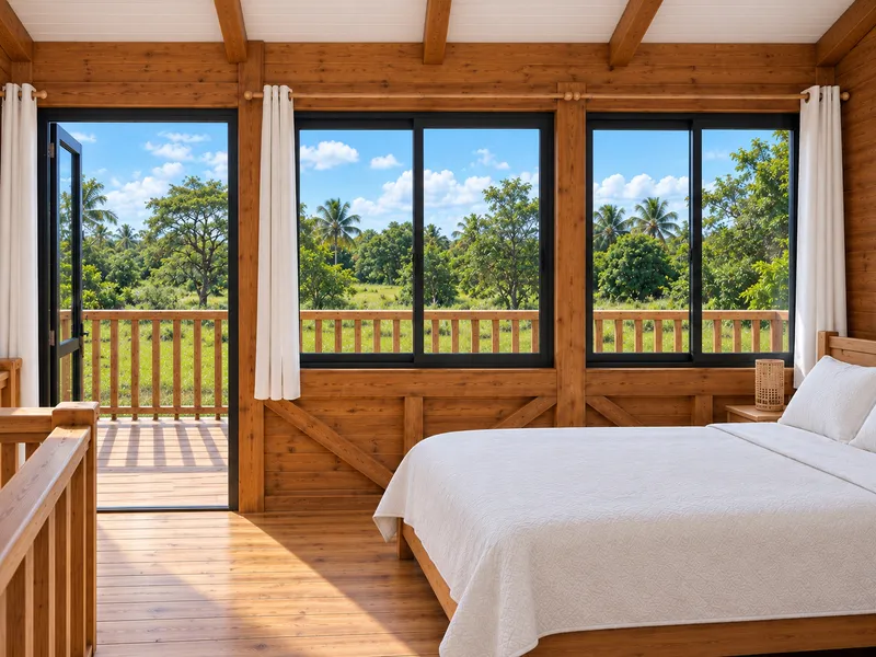 Chambre de l’Écolodge en bois, ouverte sur le balcon par de grandes baies
