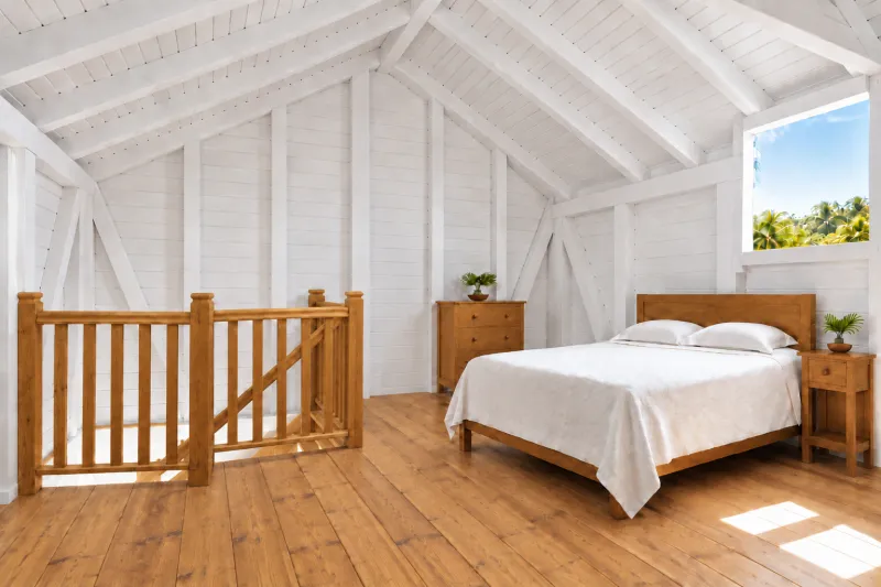Chambre à l’étage de la Kaz à Ninine, avec lit, garde-corps de l’escalier en bois et charpente blanche apparente