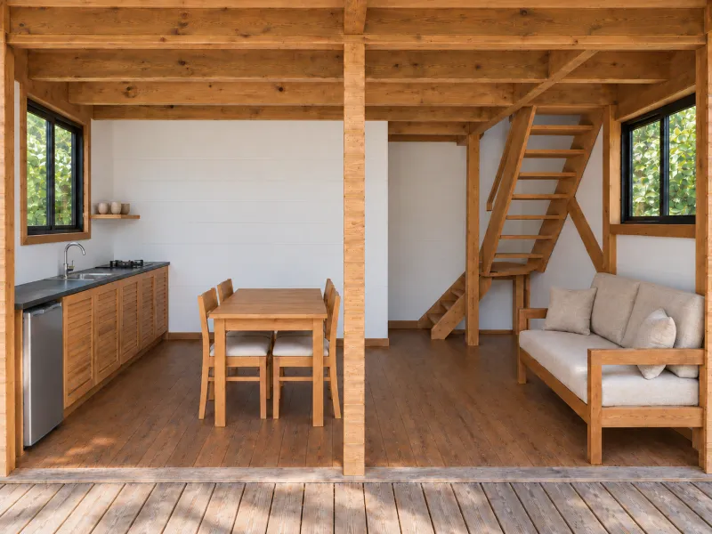 Séjour et cuisine ouverte de l’Écolodge au rez-de-chaussée, avec table, canapé et escalier en bois, vus depuis la varangue