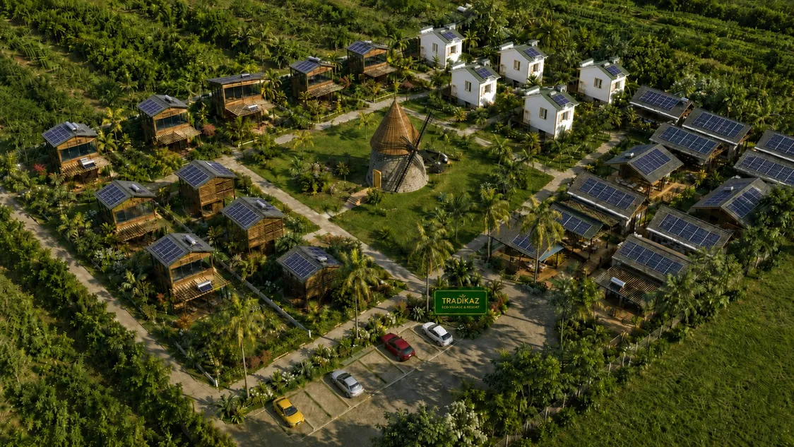 Vue de conception du projet Oasis du Nord : kaz créoles organisées autour d’un moulin et d’espaces paysagers